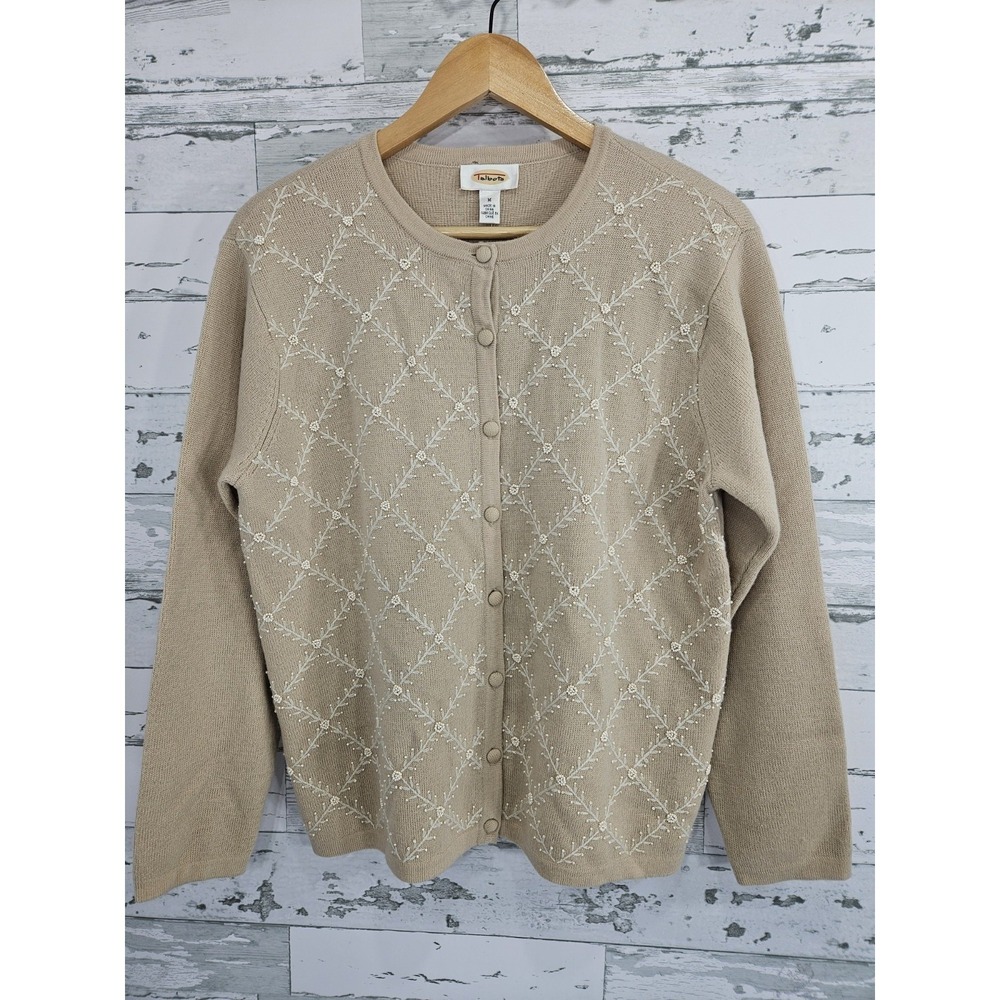 Talbots Tan Wool Cardigan Sweater Womens Medium Embroidered Floral Trellis Beige